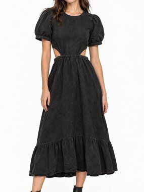 Madewell Black Cutout Midi Dress Puff Sleeve Ruffle Hem Cotton